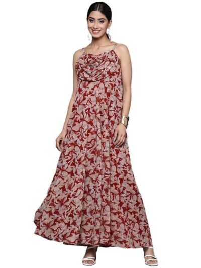 Varanga Women Red Abstract Printed,Spaghetti Strap Cowl Neck A-Line Floor Length Dress, Flared Hem