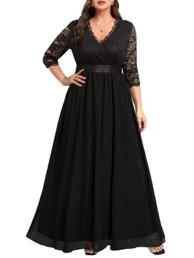 Women's Plus Size Lace Chffon Long Maxi 3/4 Sleeve V-Back Formal Dress