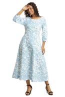 W for Woman Women's Fit and Flare Cotton Blend and Blue Floral Printed Flared Long Dress Calf Length