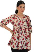Janasya Women's Cream Pure Cotton Floral Printed A-line Top