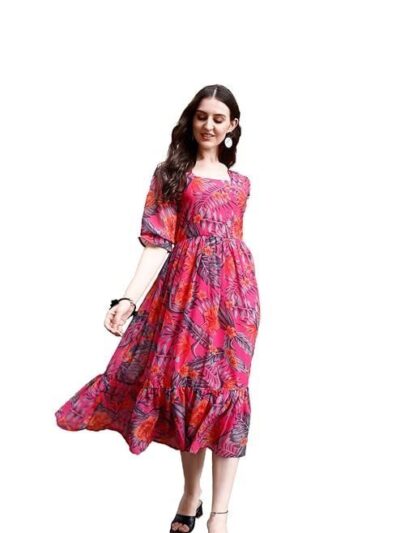 SMOWKLY Women's Georgette Floral Printed Indo-Western Ethnic Gown || Half Sleeve V Neck Fit & Flare Flared Hem Design || A-Line Maxi Dress Casual Wear