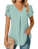 Anyally Women's Summer Dressy Chiffon Blouses V Neck Short Sleeve Tunic Tops for Leggings Casual T-Shirts, Petal Sleeve/Green Bamboo, X-Large