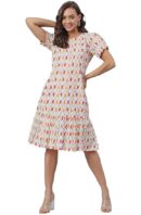 Janasya Women's Cotton Printed A-Line Western Knee-Length Dress
