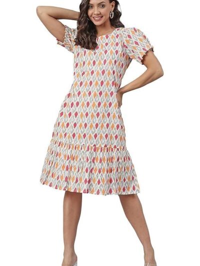 Janasya Women's Cotton Printed A-Line Western Knee-Length Dress