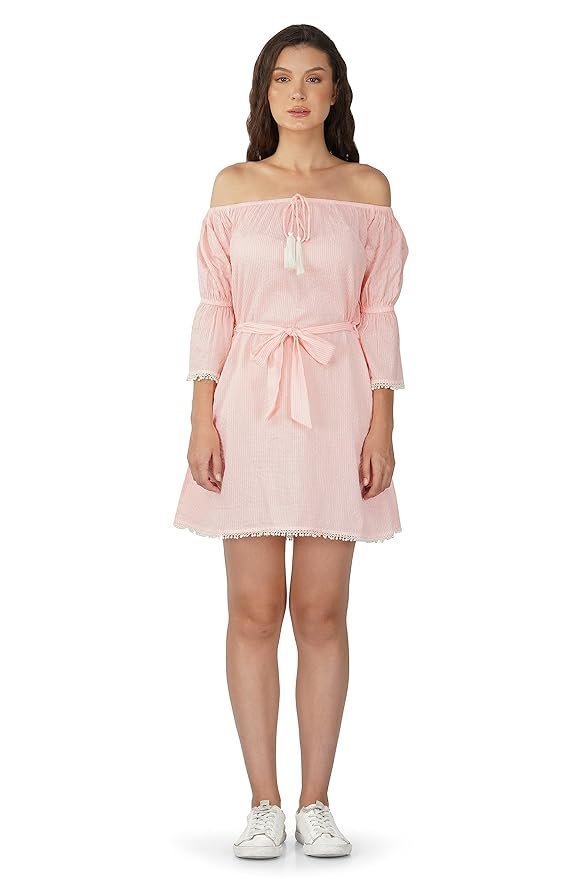 Boho Girl Women's Rose Off-The-Shoulder Neck Casual Mini Dress | Midi Western Dress for Women | Off Neck Shoulder Fit and Flare Mini Length Dress