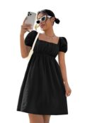 Shasmi Women's & Girl's Dress for Women l One Piece Dress for Women l Beach Dress for Women, Solid Textured Puff Sleeve Square Neck Midi Dress