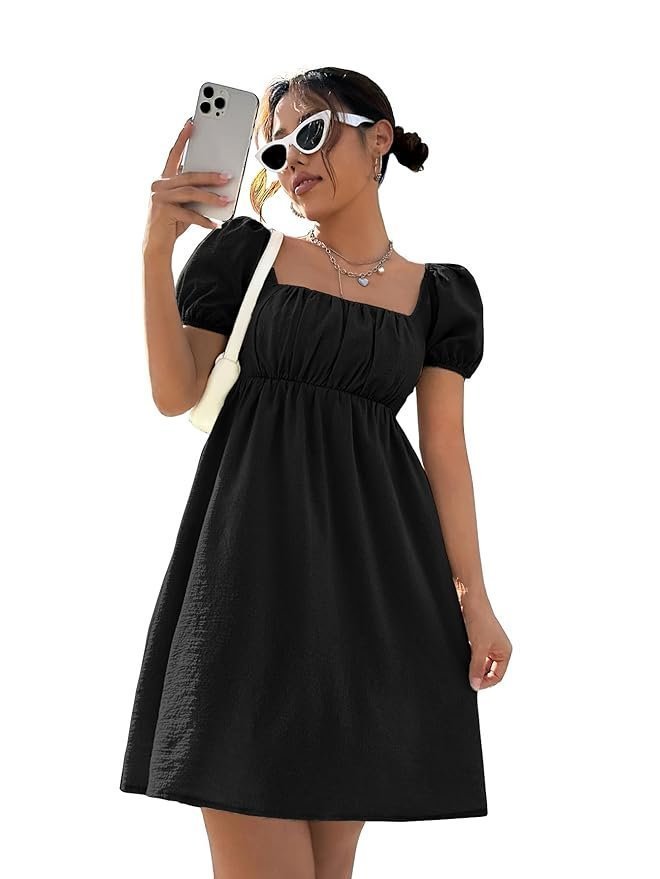 Shasmi Women's & Girl's Dress for Women l One Piece Dress for Women l Beach Dress for Women, Solid Textured Puff Sleeve Square Neck Midi Dress