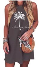 Sun Salt Sand Coconut Tree Sleeveless Mini Dress Casual Sleeveless Summer Beach Vacation Women Workout Mini Dress, Dark Grey-02, X-Large