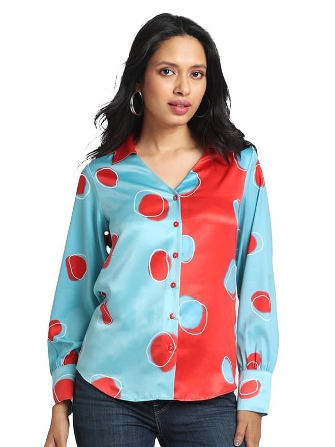 SHAYE Blue Spread Collar Printed Long Sleeves Casual Shirts for Women