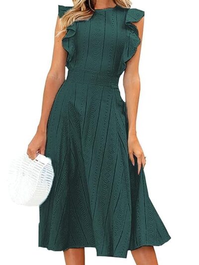 ECOWISH Womens Dresses Elegant Wedding Cocktail Ruffle Cap Sleeves Summer A-Line Midi Dress, Blackish Green, Medium