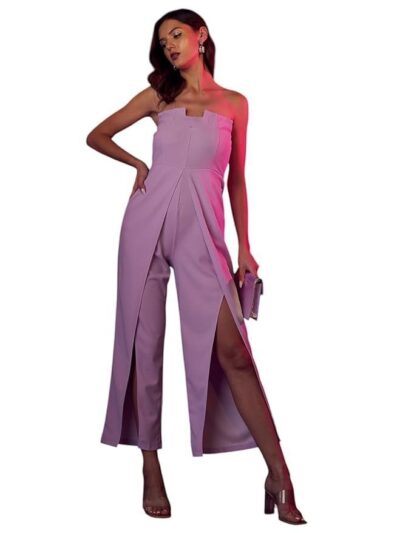 PoshBery Lavender Square Neckline Tube Front Slit Jumpsuit