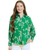 Floral Printed Green Collared Neck Long Sleeve Crepe Regular Fit Women's Casual Shirt || Flower Printed Spread Collar Long Cuffed Sleeve Button Down Regular Length Shirt For Women Stylish Western