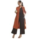 Saltpetre Women Coffee Brown Top & Trouser with Rust Long Shirt 3 Piece Co-Ords Set