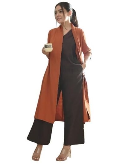 Saltpetre Women Coffee Brown Top & Trouser with Rust Long Shirt 3 Piece Co-Ords Set