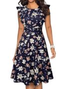 YATHON Women's Vintage Ruffle Floral Flared A Line Swing Casual Cocktail Party Dresses