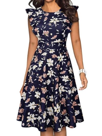 YATHON Women's Vintage Ruffle Floral Flared A Line Swing Casual Cocktail Party Dresses