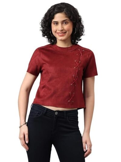 Latin Quarters Women Maroon Short Sleeve Solid Casual Top