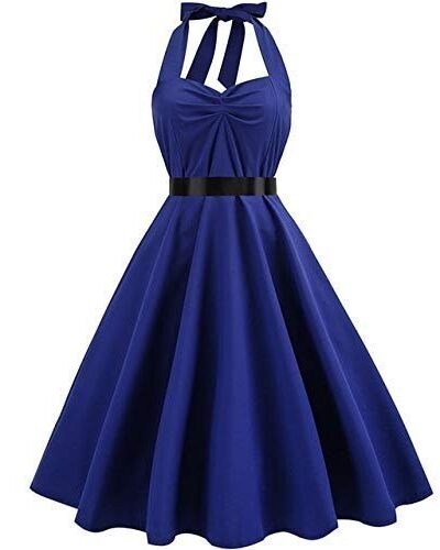 3nh Women's Rockabilly Polka-Dot Print Halter Strap Knee Length A-Line Dress