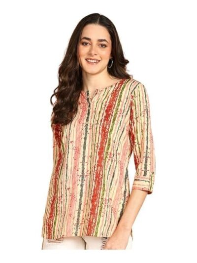 JAIPURFAME Women's Floral Printed Cotton Top - Stylish Long Top with Mandarin Collar, Perfect for Jeans, Ideal for Casual & Ethnic Wear