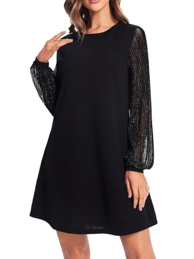 SweatyRocks Women's Elegant Mesh Contrast Long Sleeve A Line Mini Short Dress, Silver Line Black, Medium