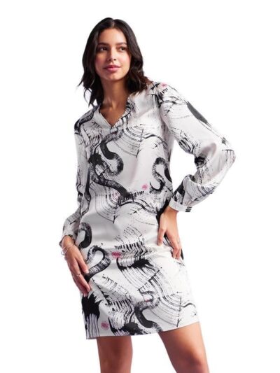 FableStreet Satin Shift Dress - Off White and Black