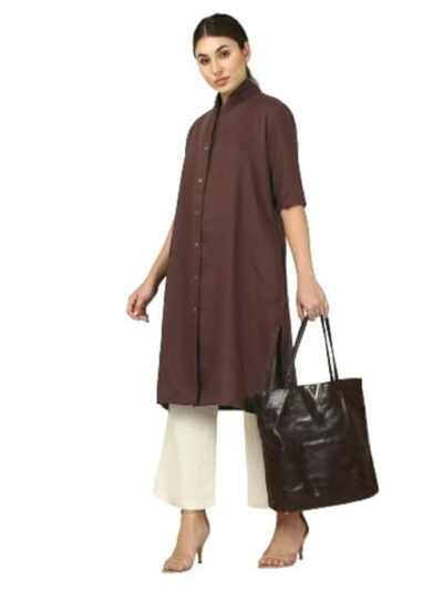 Saltpetre Women Organic Cotton Solid Coffee Brown Long Shirt with Cream Trousers Co-Ords Set