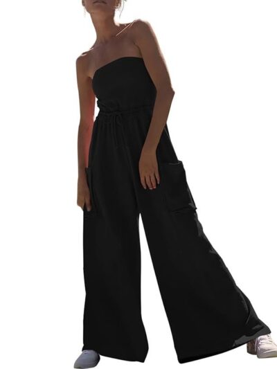 Feager Women's Oversized Strapless Off Shoulder Tube Top Jumpsuits Casual Wide Leg Long Pants Jumpsuits Rompers with Pockets