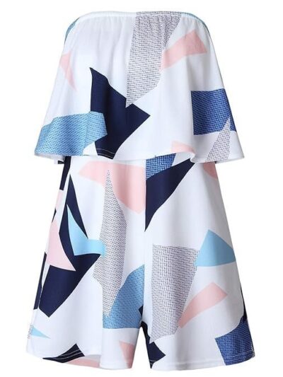 ECOWISH Women Off Shoulder Romper Strapless Floral Print Striped Beach Shorts Jumpsuit