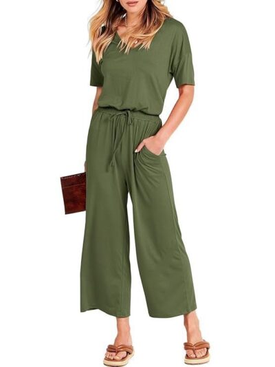 ANRABESS Women Jumpsuits Summer Loose Deep V Neck Short Sleeve Elastic Waist Romper Playsuits with Pockets
