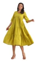 Janasya Women's Dobby Cotton A-Line Midi Dress