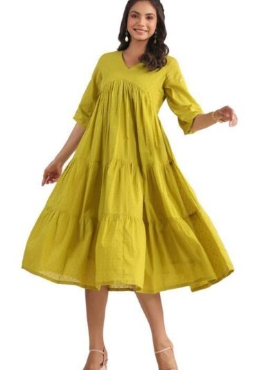 Janasya Women's Dobby Cotton A-Line Midi Dress