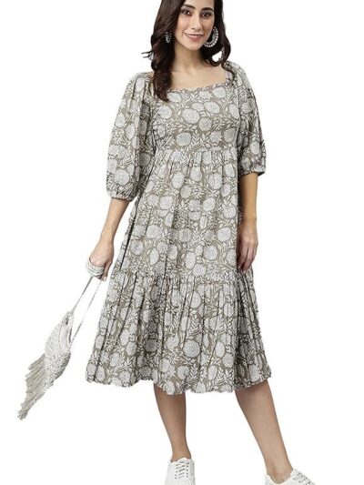 Janasya Women's Pure Cotton Floral Printed Tiered Dress