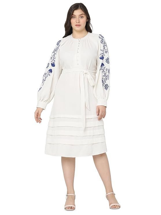 VERO MODA CURVE Self Design Floral Embroidered Cotton Fit & Flare Dress
