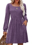OFEEFAN Womens Knit Sweater Dress with Pockets Square Neck Long Sleeve Dresses