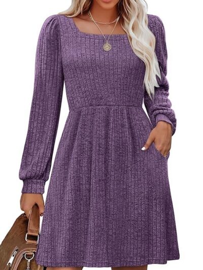 OFEEFAN Womens Knit Sweater Dress with Pockets Square Neck Long Sleeve Dresses
