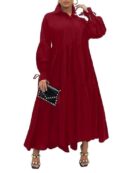 Women's Long Sleeve Maxi Shirt Dress Elegant Button Down Loose Swing Party Dress, 87 Burgundy, M