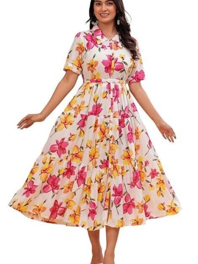 Jikonet Women's Western Dress Floral Printed Cotton Maxi Dress