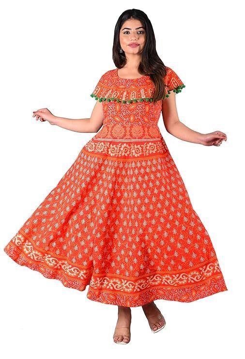 Dhruvi Casual Wear Orange Cotton Long Maxi Dress for Women (Free Size Up to XXL)