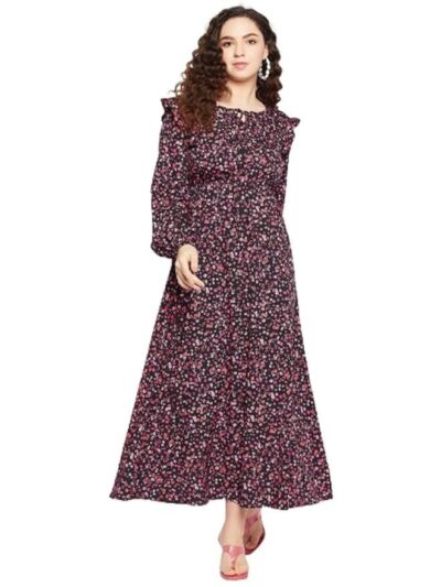 Serein Women's Crepe Fit and Flare Maxi Casual Dress