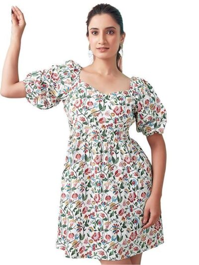 Selvia Western Dress for Women| Floral Printed Short Sleeve Crepe Western Dress for Women | Sweetheart Neck A-Line Dress for Women | One Piece Dress for Women