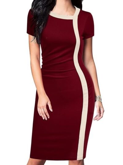 Viwenni Women Vintage Ruffle Business Colorblock Work Church Pencil Dress