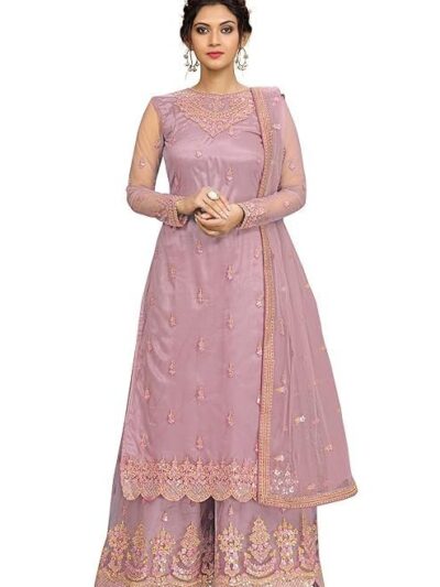 TRENDMALLS Women's Net Embroidery Salwar Suit Kurta Sharara Set with Dupatta Skyblue