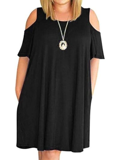 HBEYYTO Women Plus Size Dresses Cold Shoulder Short Sleeve Casual Loose T-Shirt Swing Dress with Pockets